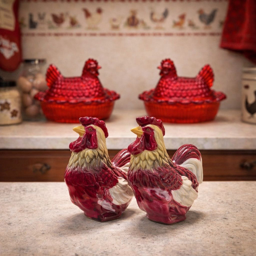 Vintage Ceramic Rooster Salt & Pepper Shakers Farmhouse Country Kitchen DecorA